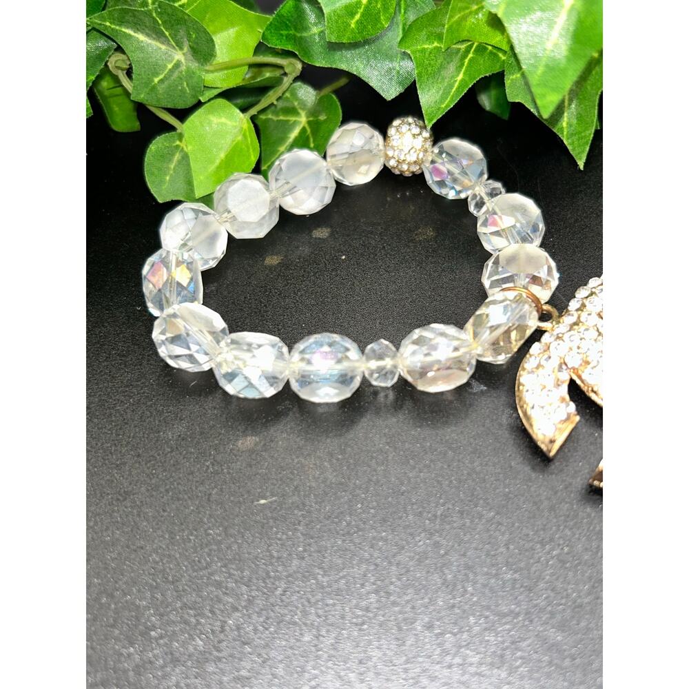 Chanel Iridescent AB Beaded Bracelet Crystal CC Logo Crescent Charm Gold Tone - Picture 5 of 5